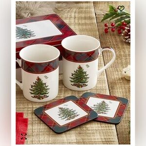 Spode CHRISTMAS TREE TARTAN 5 Pc Gift Set in Tin - 2 Mugs 2 Coasters Tin